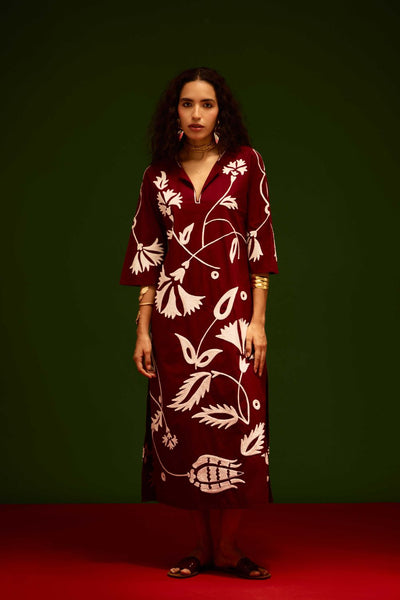 Burgundy Wine Cotton Maxi Dress With Ivory Botanical Thread Embroidery