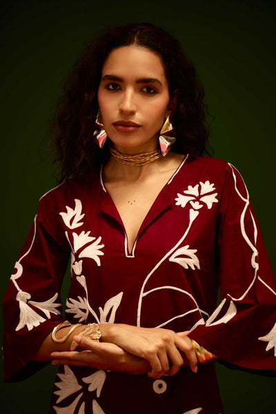 Burgundy Wine Cotton Maxi Dress With Ivory Botanical Thread Embroidery