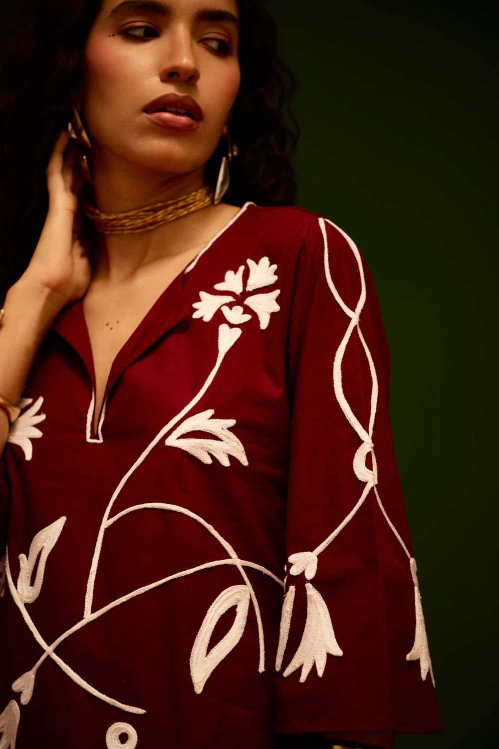 Burgundy Wine Cotton Maxi Dress With Ivory Botanical Thread Embroidery