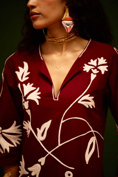 Burgundy Wine Cotton Maxi Dress With Ivory Botanical Thread Embroidery