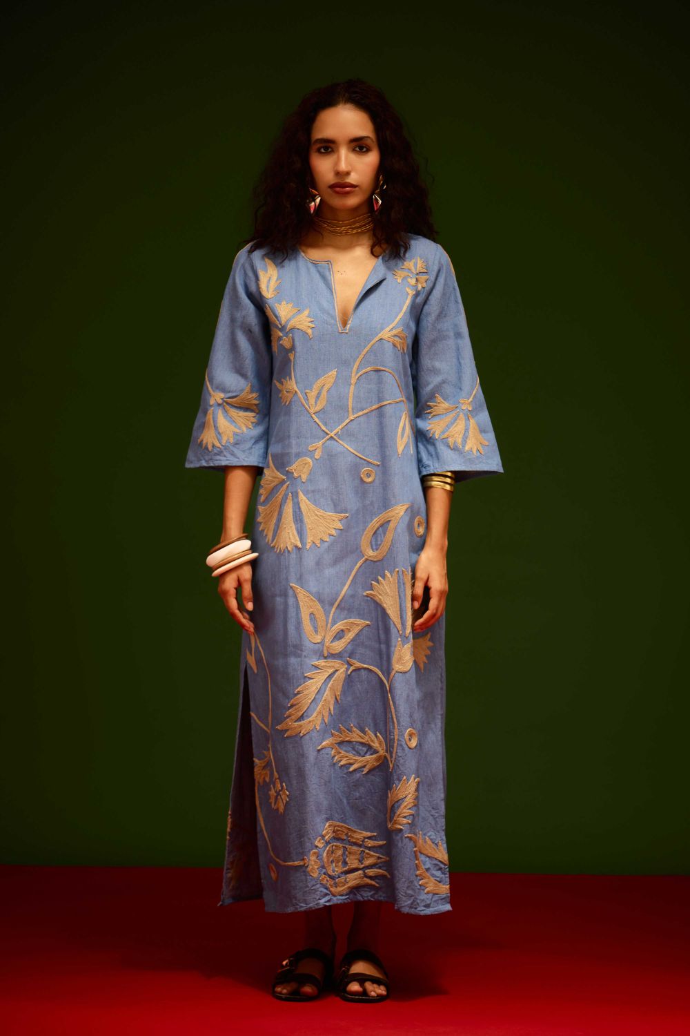 Denim Blue Cotton Maxi Dress With Natural Botanical Thread Embroidery