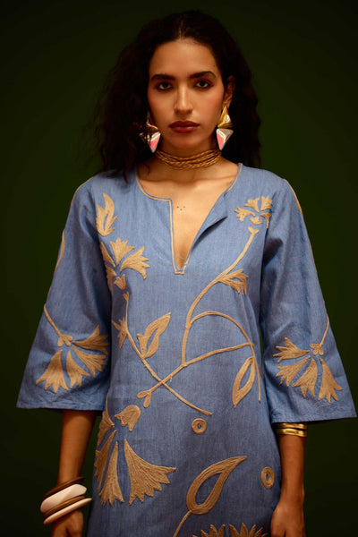 Denim Blue Cotton Maxi Dress With Natural Botanical Thread Embroidery