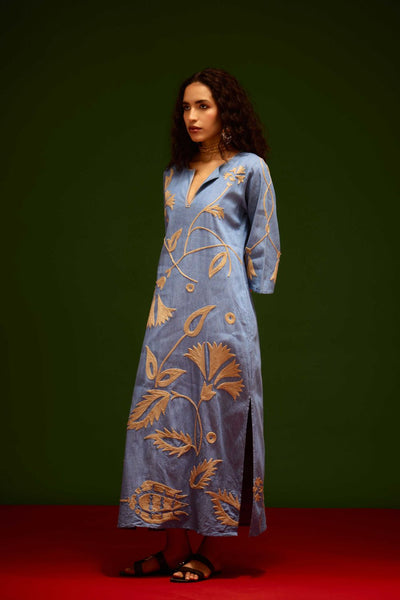 Denim Blue Cotton Maxi Dress With Natural Botanical Thread Embroidery