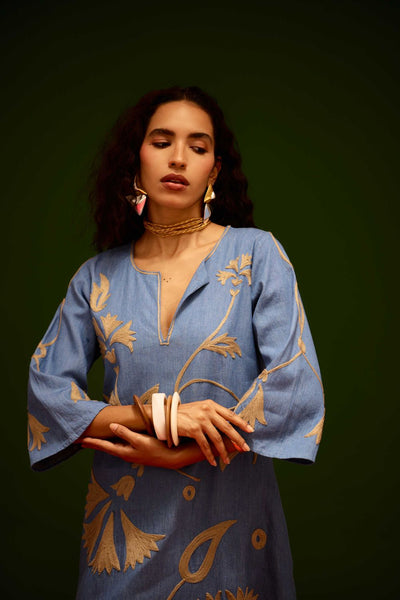 Denim Blue Cotton Maxi Dress With Natural Botanical Thread Embroidery