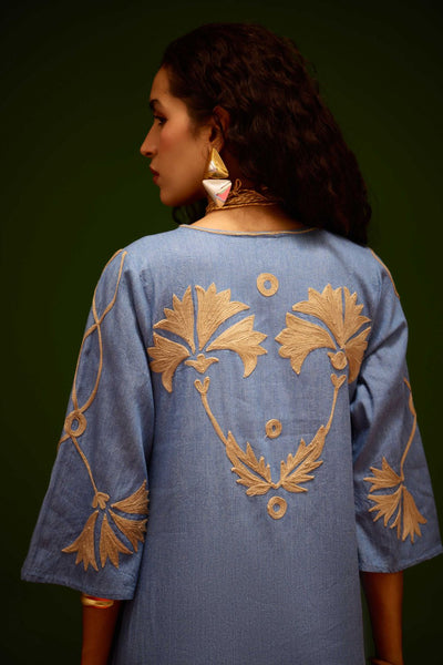 Denim Blue Cotton Maxi Dress With Natural Botanical Thread Embroidery