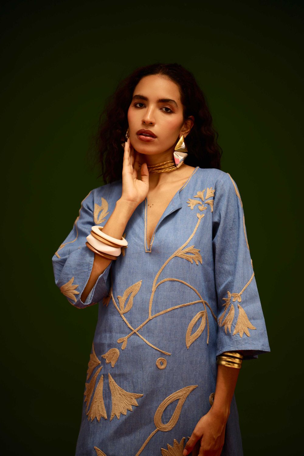 Denim Blue Cotton Maxi Dress With Natural Botanical Thread Embroidery