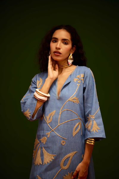 Denim Blue Cotton Maxi Dress With Natural Botanical Thread Embroidery