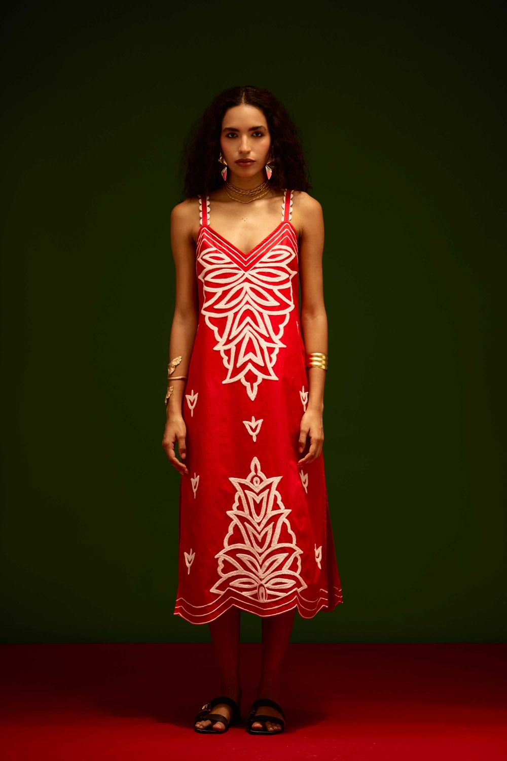 Scarlet Strappy Cotton Dress With Ivory Flame Thread Embroidery