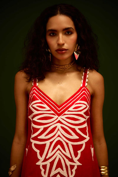 Scarlet Strappy Cotton Dress With Ivory Flame Thread Embroidery