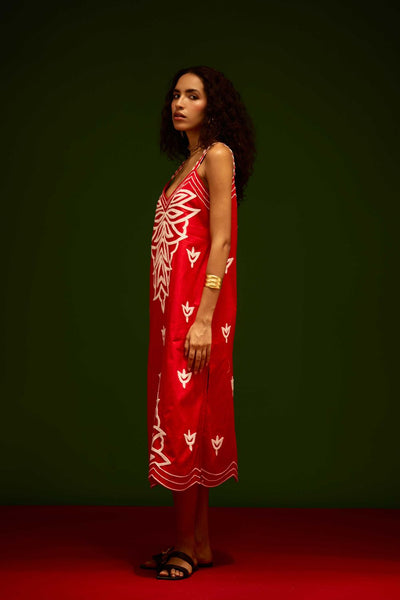 Scarlet Strappy Cotton Dress With Ivory Flame Thread Embroidery