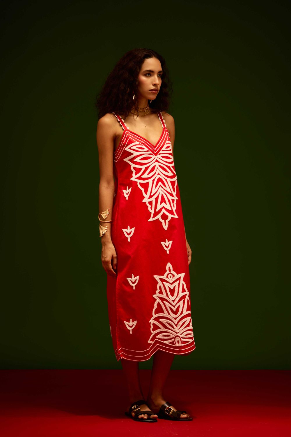 Scarlet Strappy Cotton Dress With Ivory Flame Thread Embroidery