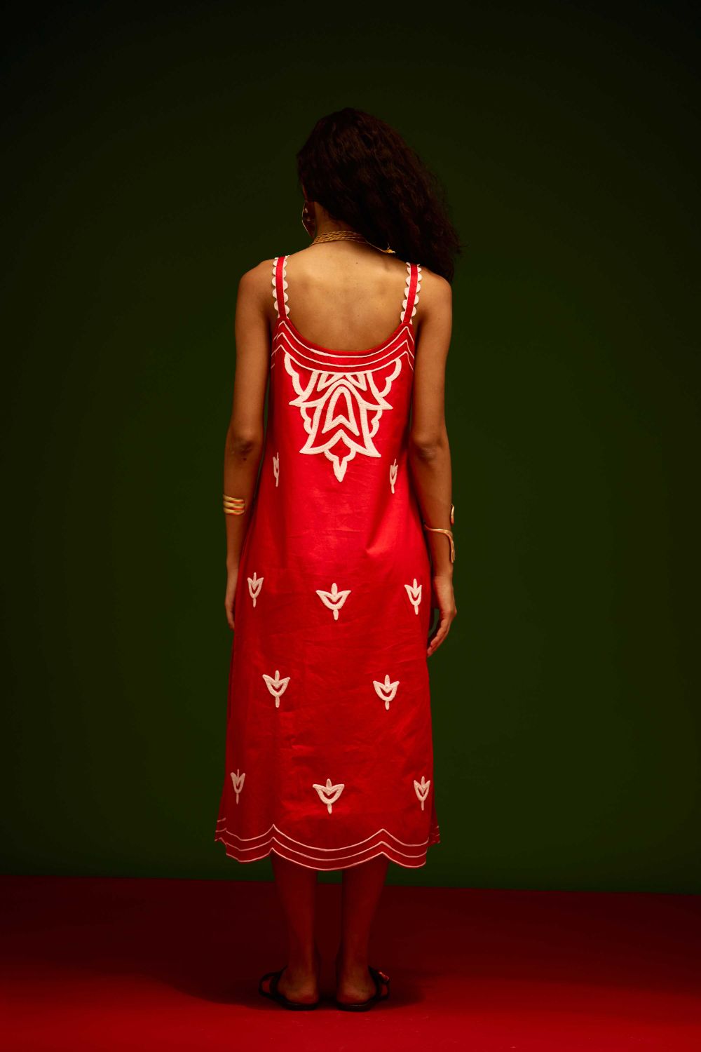 Scarlet Strappy Cotton Dress With Ivory Flame Thread Embroidery