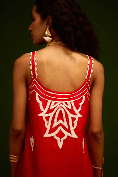 Scarlet Strappy Cotton Dress With Ivory Flame Thread Embroidery