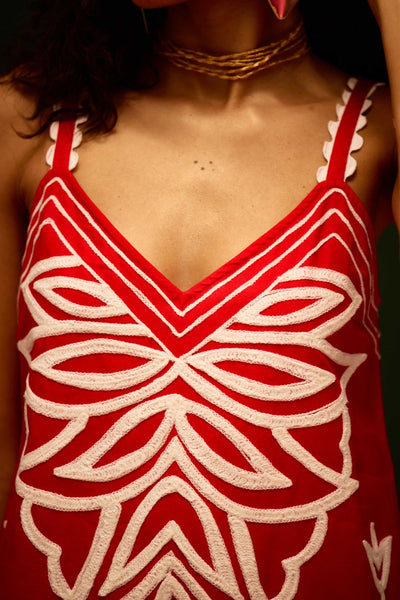 Scarlet Strappy Cotton Dress With Ivory Flame Thread Embroidery