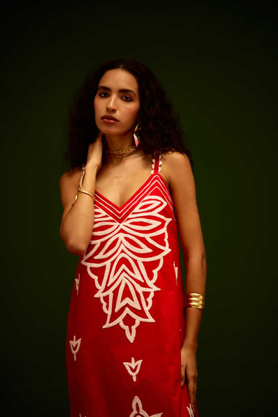 Scarlet Strappy Cotton Dress With Ivory Flame Thread Embroidery