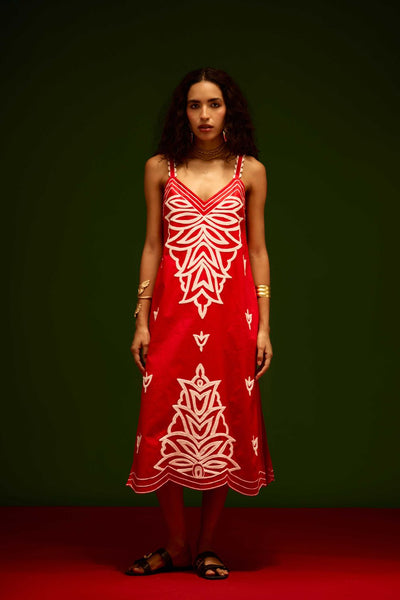 Scarlet Strappy Cotton Dress With Ivory Flame Thread Embroidery