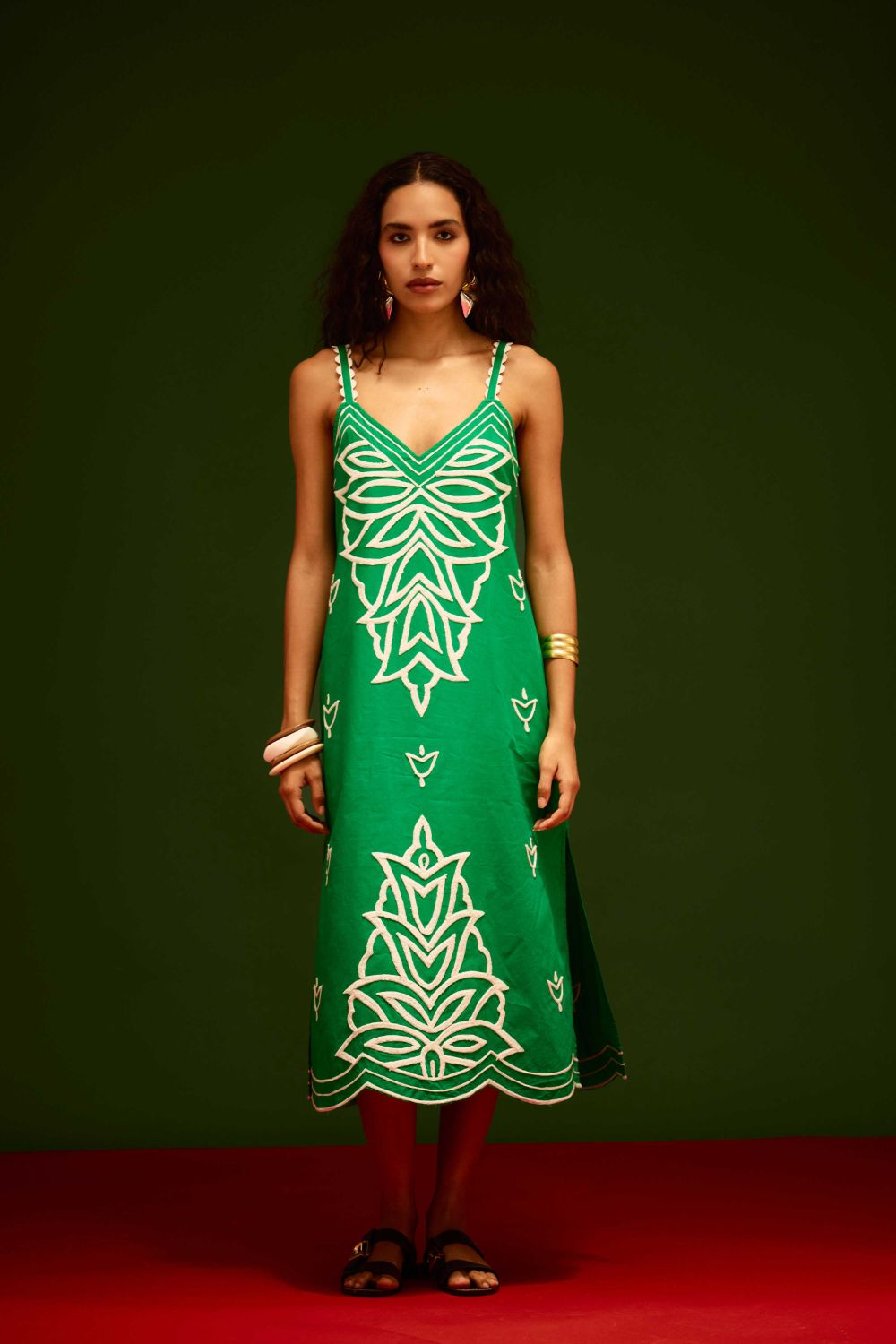 Avocado Green Strappy Cotton Dress With Ivory Flame Thread Embroidery