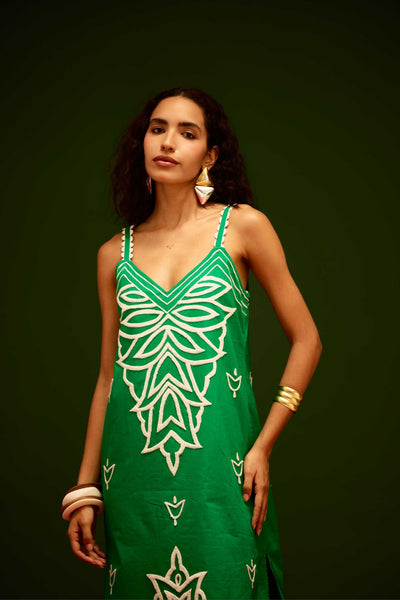 Avocado Green Strappy Cotton Dress With Ivory Flame Thread Embroidery