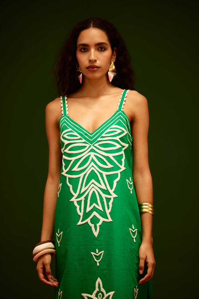 Avocado Green Strappy Cotton Dress With Ivory Flame Thread Embroidery
