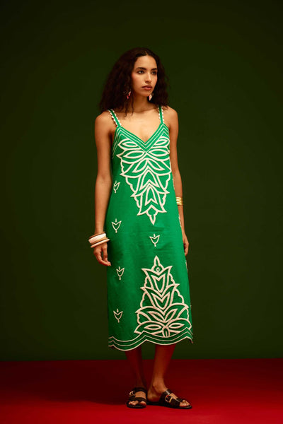 Avocado Green Strappy Cotton Dress With Ivory Flame Thread Embroidery