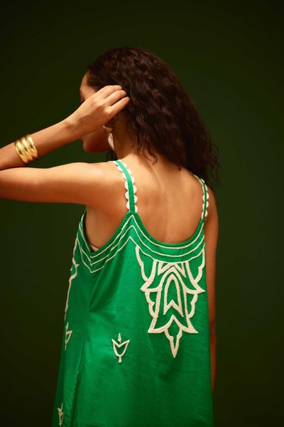 Avocado Green Strappy Cotton Dress With Ivory Flame Thread Embroidery