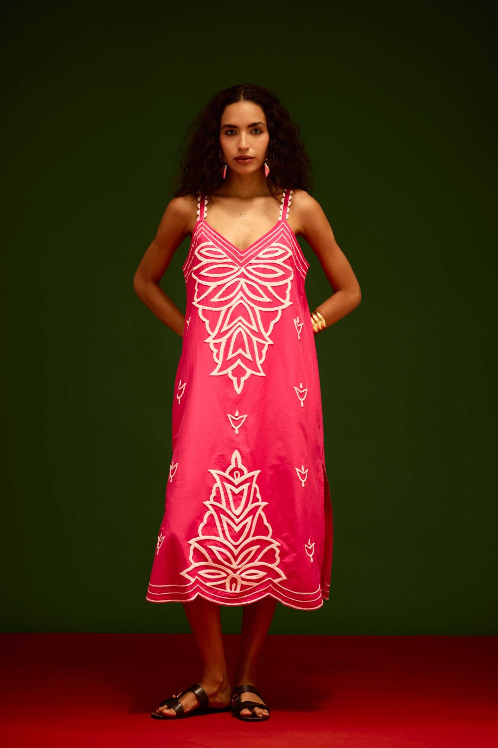 Fuchsia Strappy Cotton Dress With Ivory Flame Thread Embroidery
