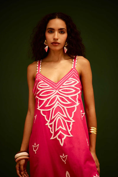 Fuchsia Strappy Cotton Dress With Ivory Flame Thread Embroidery