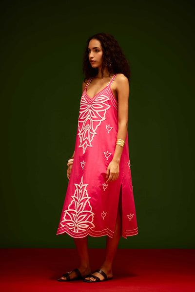 Fuchsia Strappy Cotton Dress With Ivory Flame Thread Embroidery