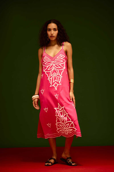 Fuchsia Strappy Cotton Dress With Ivory Flame Thread Embroidery
