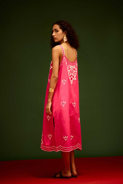 Fuchsia Strappy Cotton Dress With Ivory Flame Thread Embroidery