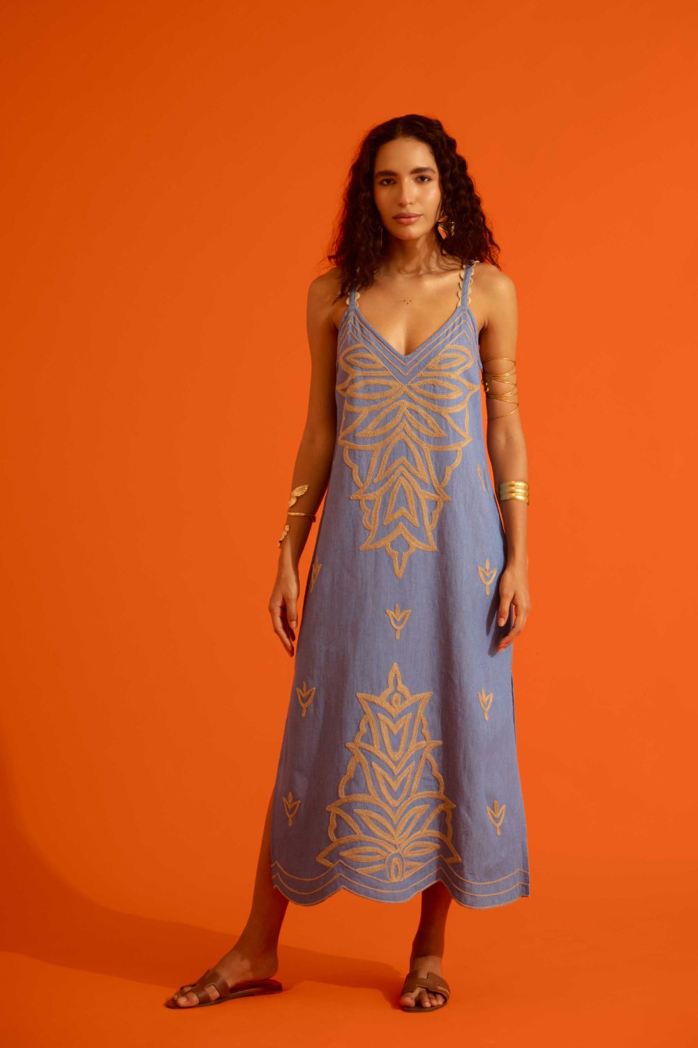 Denim Blue Strappy Dress With Natural Flame Thread Embroidery