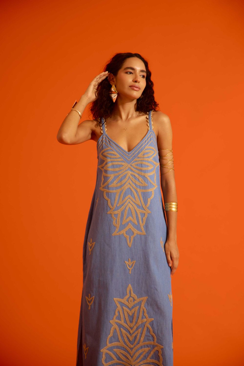 Denim Blue Strappy Dress With Natural Flame Thread Embroidery