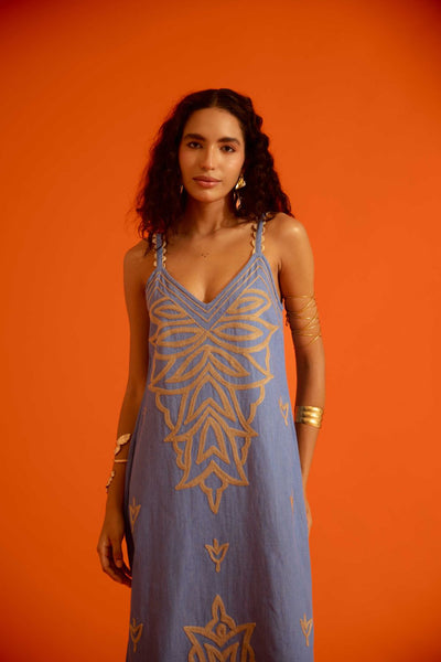 Denim Blue Strappy Dress With Natural Flame Thread Embroidery