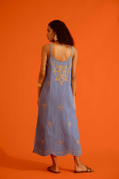 Denim Blue Strappy Dress With Natural Flame Thread Embroidery