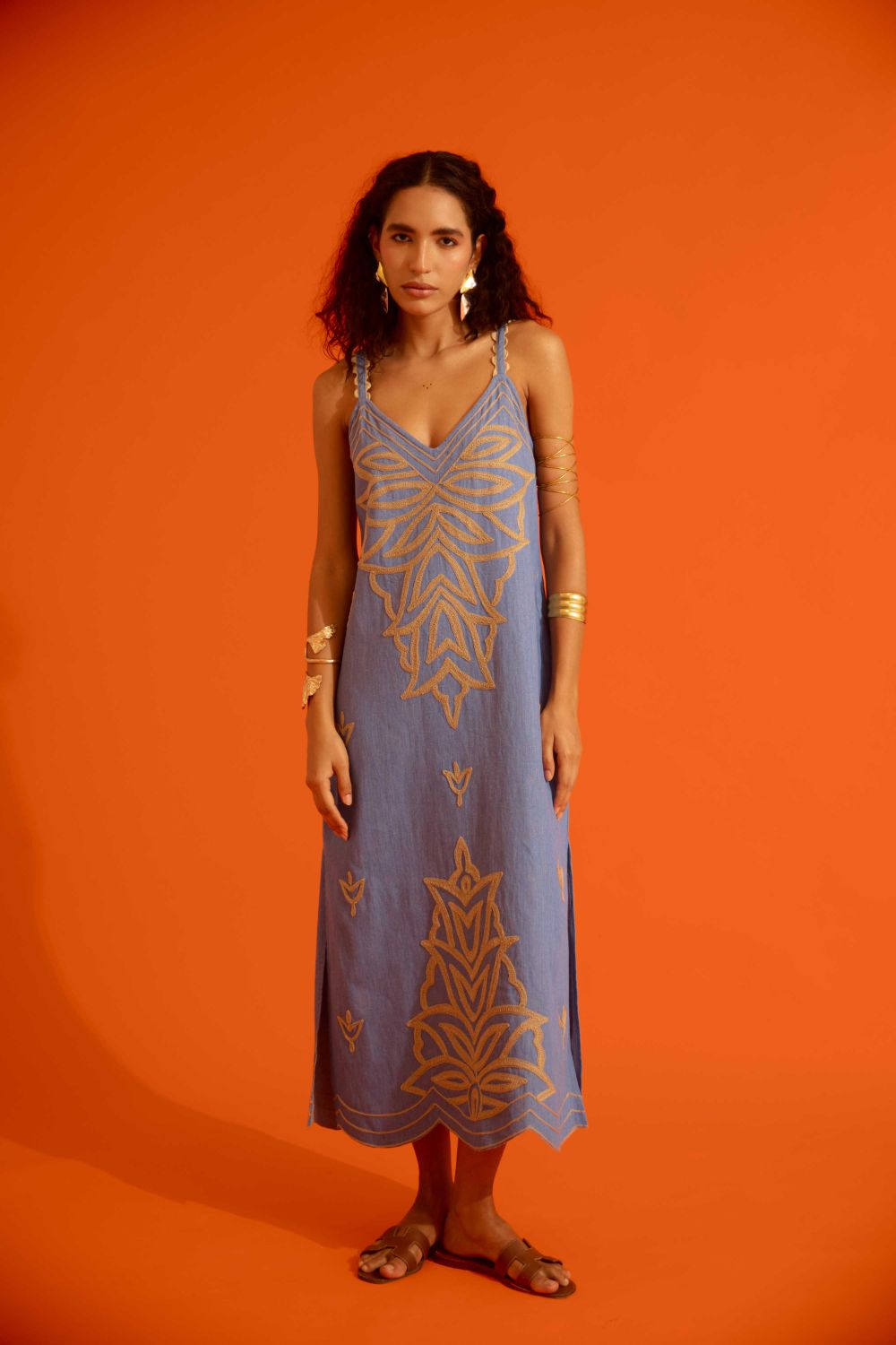 Denim Blue Strappy Dress With Natural Flame Thread Embroidery