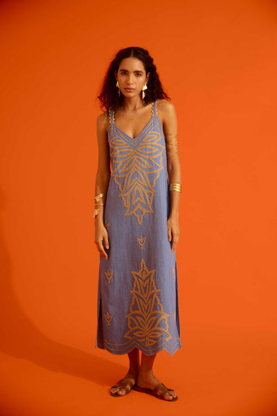 Denim Blue Strappy Dress With Natural Flame Thread Embroidery