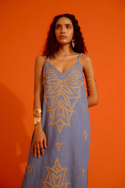 Denim Blue Strappy Dress With Natural Flame Thread Embroidery