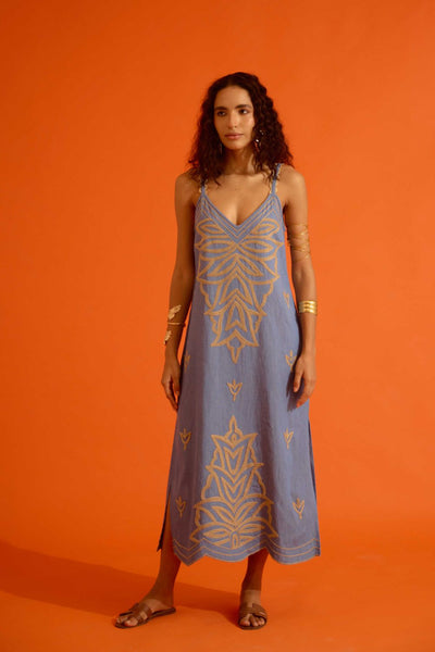 Denim Blue Strappy Dress With Natural Flame Thread Embroidery
