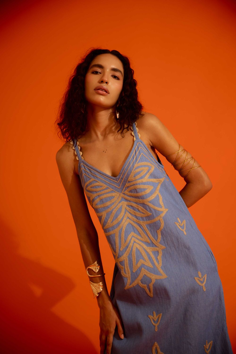 Denim Blue Strappy Dress With Natural Flame Thread Embroidery