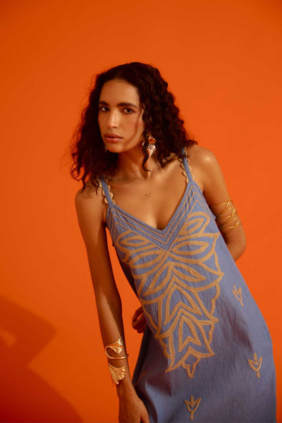 Denim Blue Strappy Dress With Natural Flame Thread Embroidery