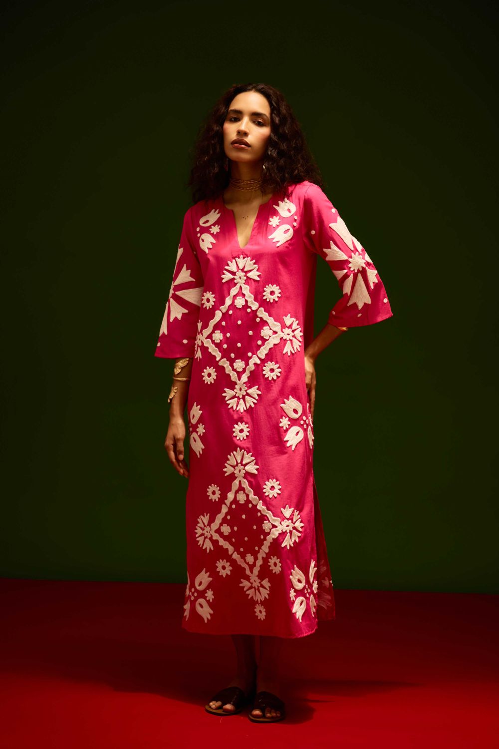 Fuchsia With Ivory Sitara Thread Embroidery Cotton Maxi Dress