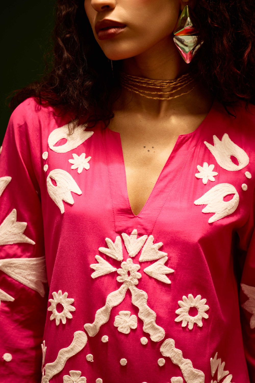 Fuchsia With Ivory Sitara Thread Embroidery Cotton Maxi Dress