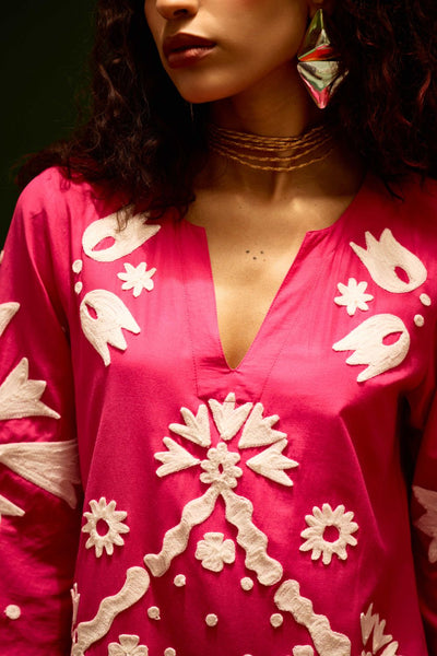 Fuchsia With Ivory Sitara Thread Embroidery Cotton Maxi Dress
