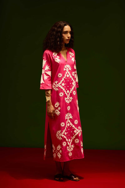 Fuchsia With Ivory Sitara Thread Embroidery Cotton Maxi Dress
