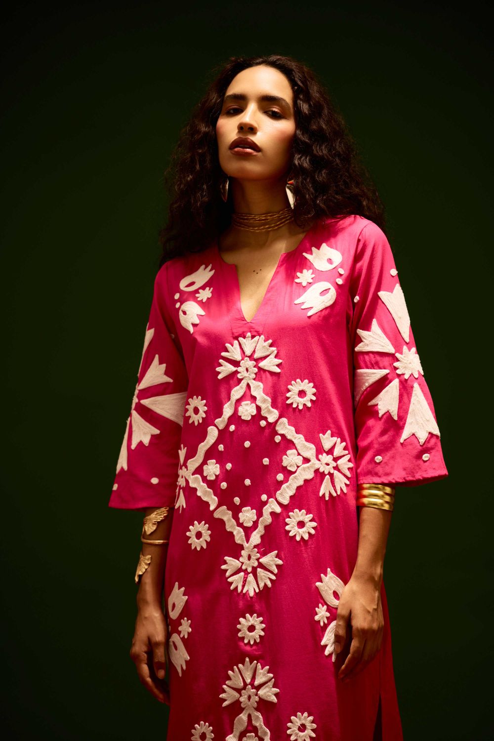 Fuchsia With Ivory Sitara Thread Embroidery Cotton Maxi Dress