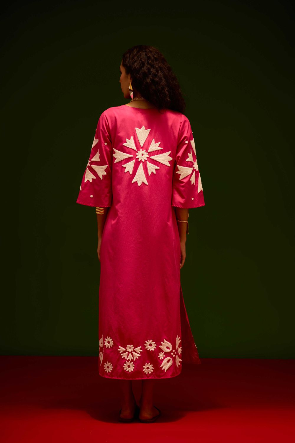 Fuchsia With Ivory Sitara Thread Embroidery Cotton Maxi Dress