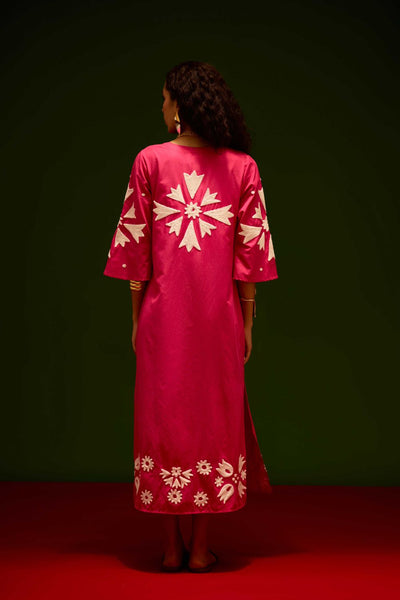 Fuchsia With Ivory Sitara Thread Embroidery Cotton Maxi Dress