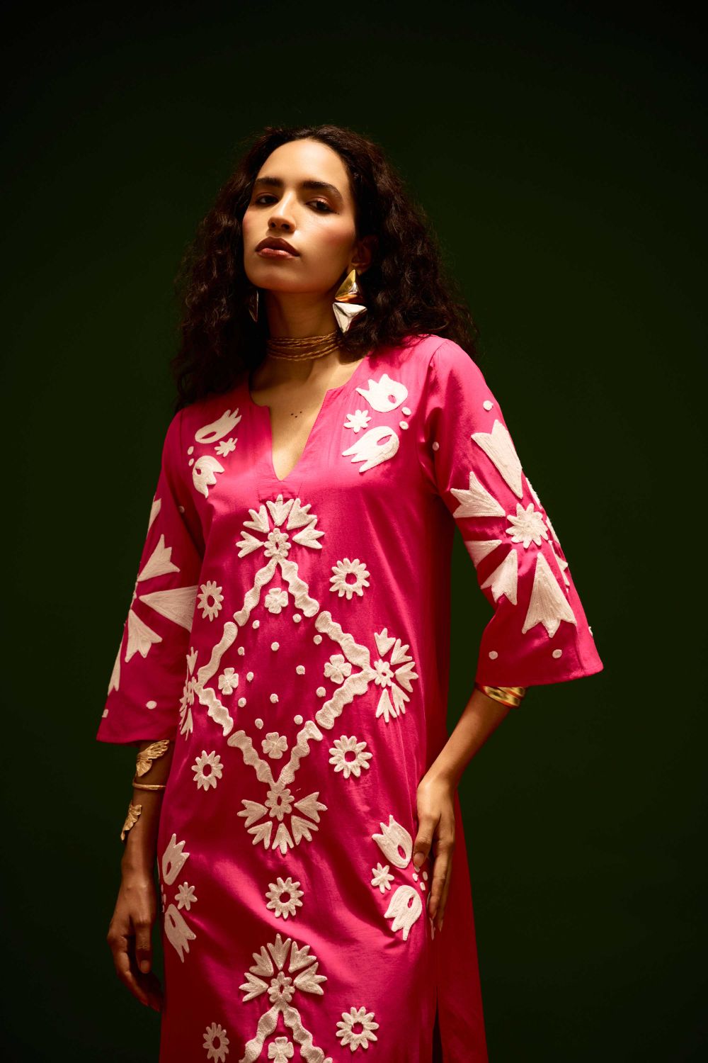 Fuchsia With Ivory Sitara Thread Embroidery Cotton Maxi Dress