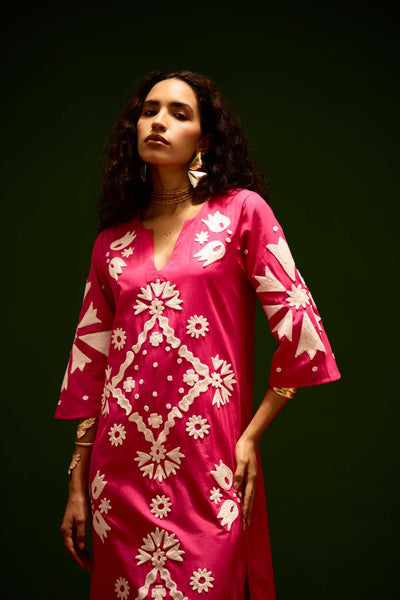 Fuchsia With Ivory Sitara Thread Embroidery Cotton Maxi Dress