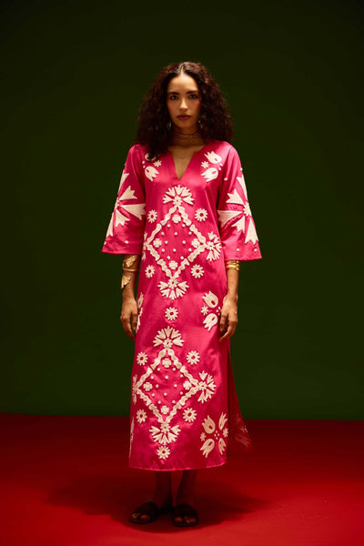 Fuchsia With Ivory Sitara Thread Embroidery Cotton Maxi Dress
